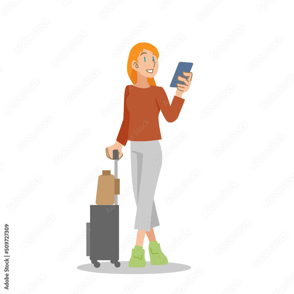 キャリーバッグを引いて旅行を楽しむ白人女性 キャリーバッグを引いて旅行を楽しむ白人女性