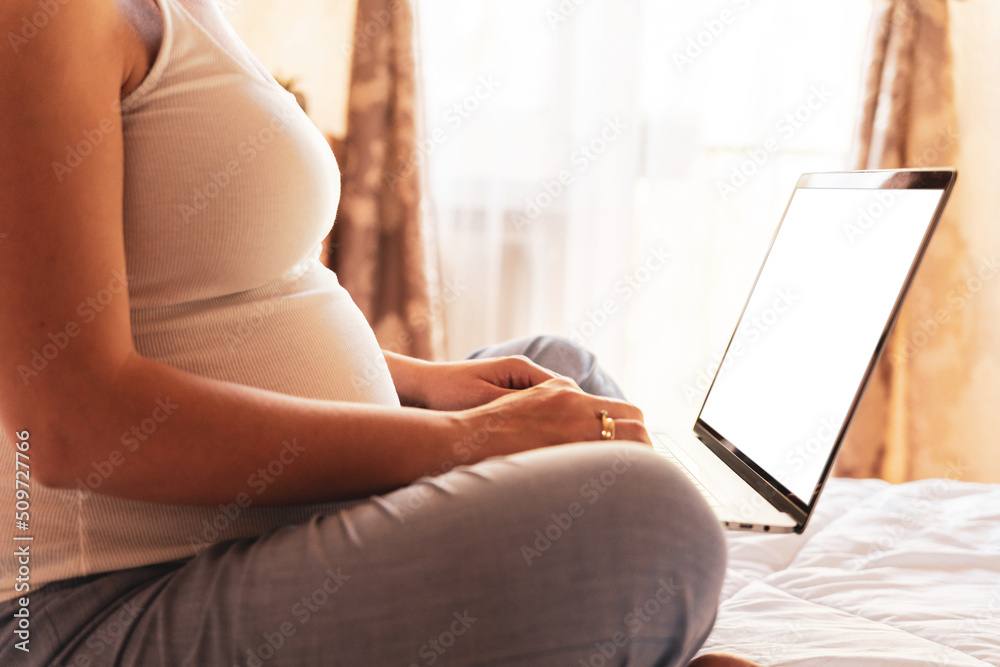 Naklejka premium Pregnancy digital screen mockup. Pregnant woman holding blank laptop screen. Mobile pregnancy online maternity application mock up. Concept of pregnancy, maternity, expectation for baby birth.