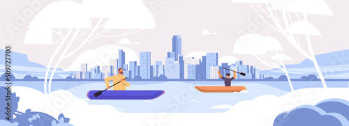 man woman rowing small boat couple paddling canoe kayaking canoeing paddling active vacation summer activity