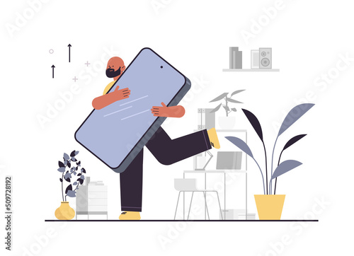african american man holding huge smarphone smartphone social media network online communication concept
