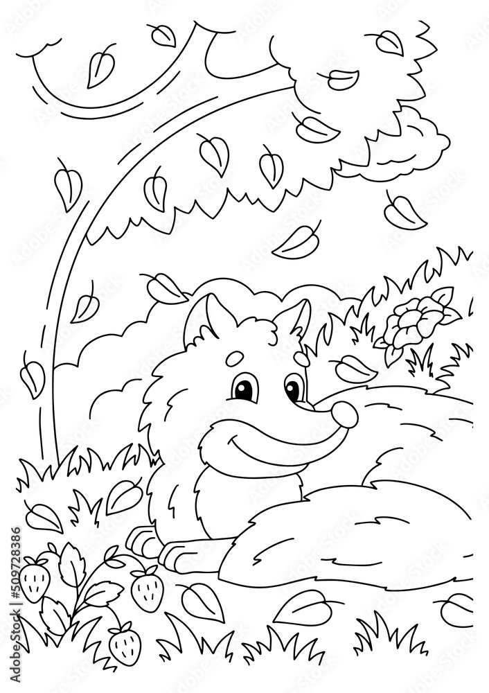 Fototapeta premium Cute fox in the autumn forest. Coloring book page for kids. Cartoon style character. Vector illustration isolated on white background.
