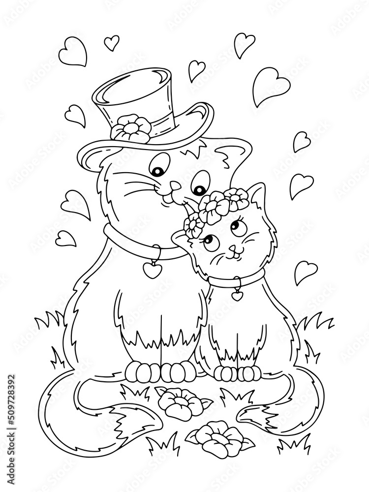 Cute cats couple in love. Coloring book page for kids. Cartoon style