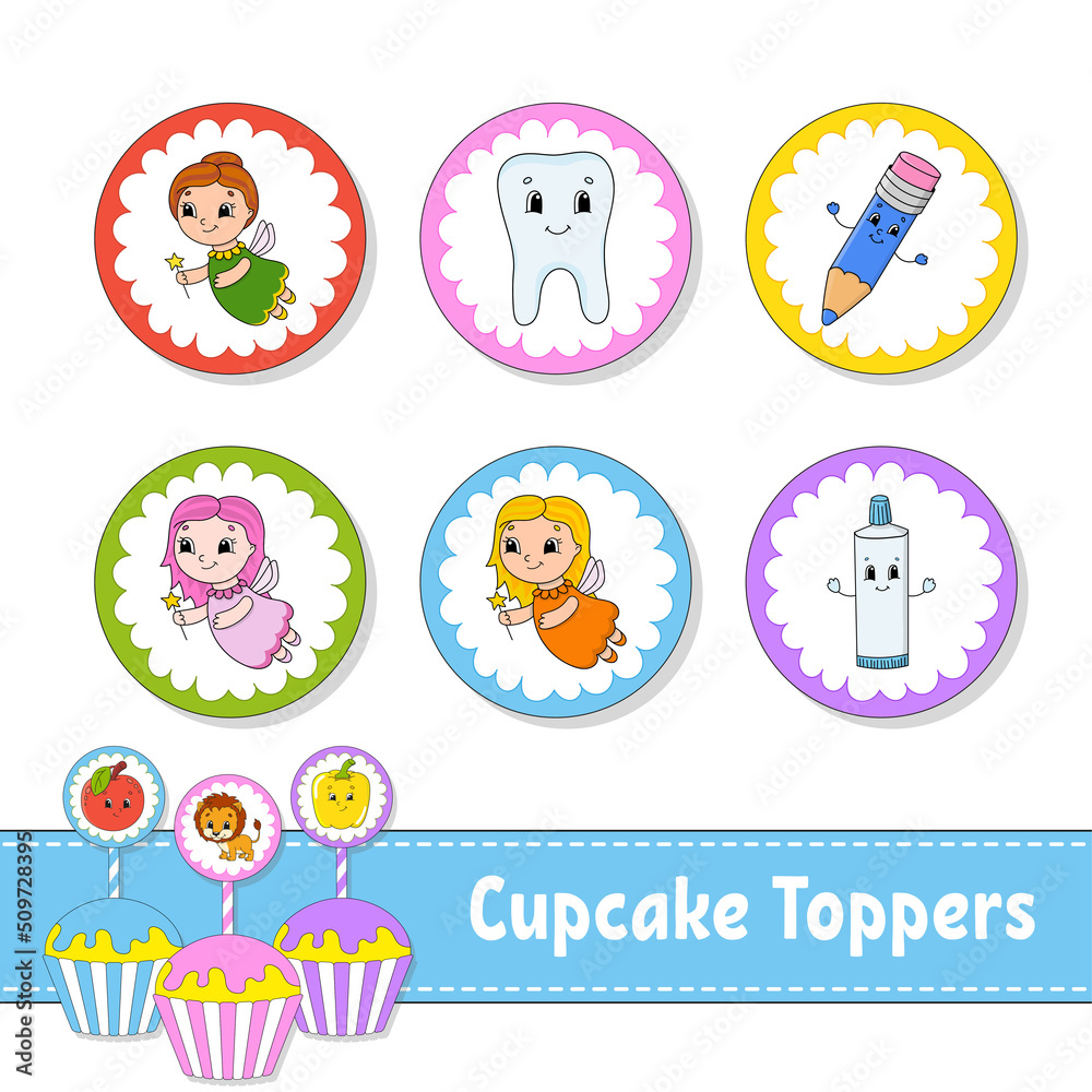 Fototapeta premium Cupcake Toppers. Set of six round pictures. cartoon characters. Cute image. For birthday, py, baby shower.