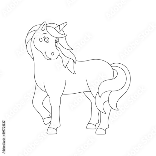 Cute shy unicorn. Coloring book page for kids. Cartoon style character. Vector illustration isolated on white background.