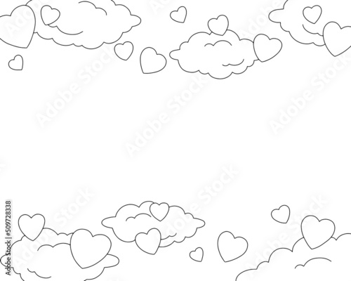 Scene with clouds and hearts. Coloring book page for kids. Valentine's Day. Cartoon style character. Vector illustration isolated on white background.