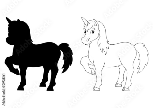 Cute unicorn. Black silhouette. Design element. Vector illustration isolated on white background. Template for books  stickers  posters  cards  clothes.