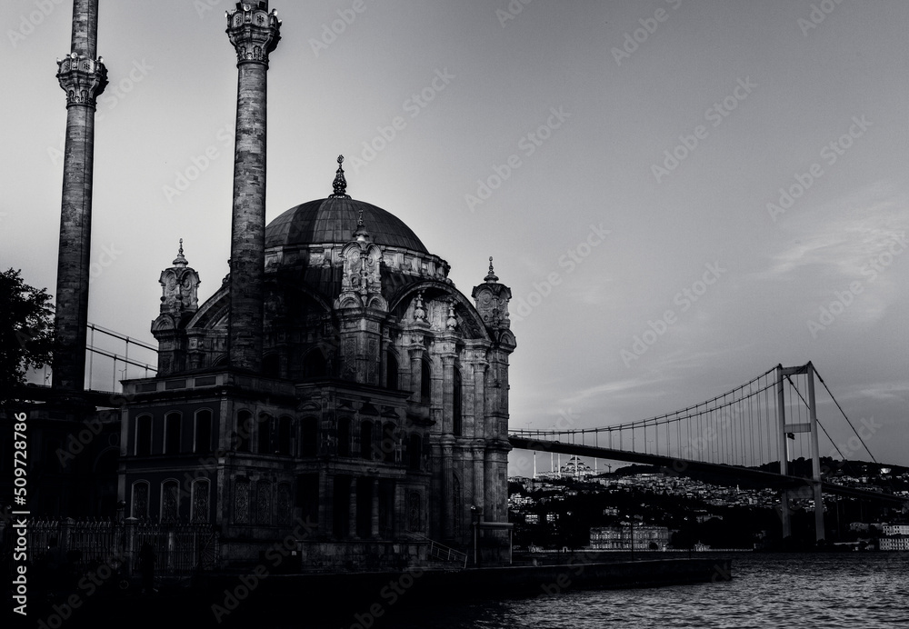 Ortaköy Mosque in black and white