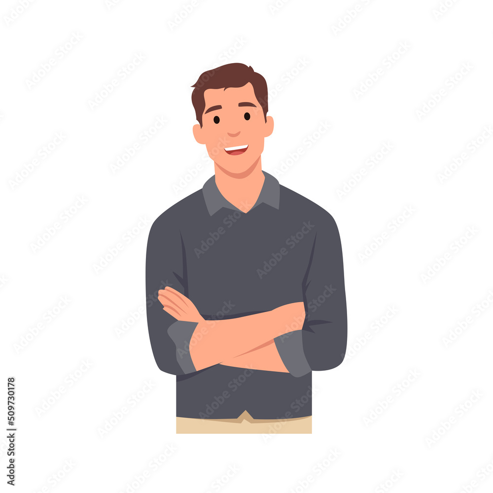 Young smiling man cartoon character keeping arms crossed,. Businessman standing with folded arms pose. Flat vector illustration isolated on white background Young smiling man cartoon character keeping arms crossed,. Businessman standing with folded arms pose. Flat vector illustration isolated on white background