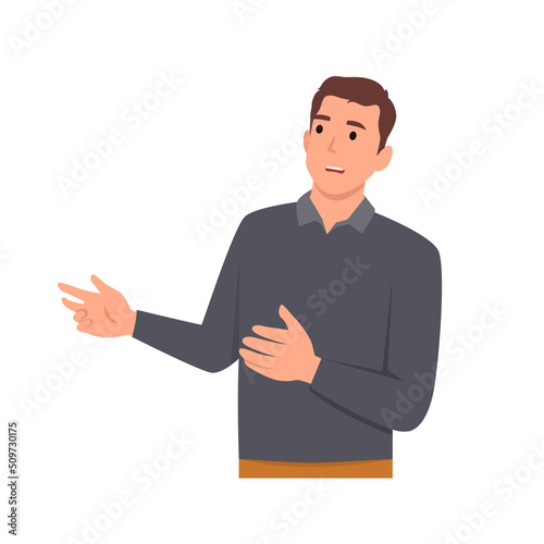 Young smiling man cartoon character talking or communicating sharing his opinion. Flat vector illustration isolated on white background