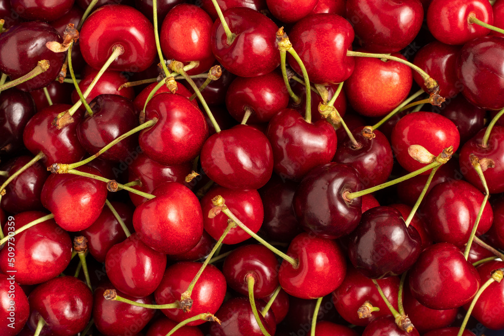 Sweet red cherries close up. Top view. Sweet red cherries close up. Top view.