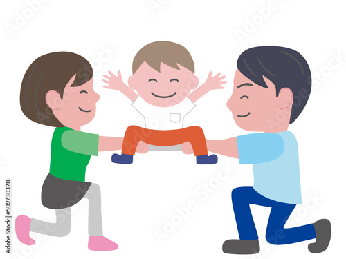 小さな子供とパパ、ママが遊んでいるイラスト