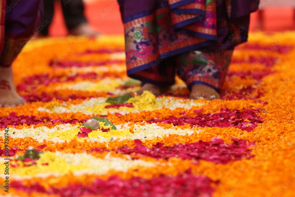 Fototapeta premium Road For Bride and Groom In Petals and Betel Nut In Seven Steps Ceremony