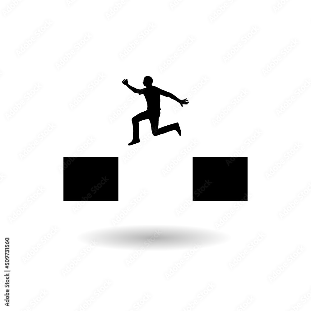 Man jumping over cliff gap logo with shadow Man jumping over cliff gap logo with shadow
