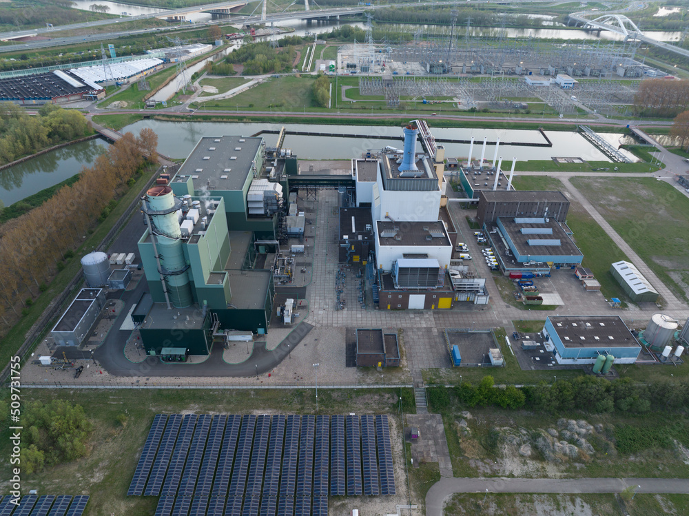 Electricity generating station cogeneration infrastructure electrical station power plant to generate electricity and heat for households in Diemen, the Netherlands.