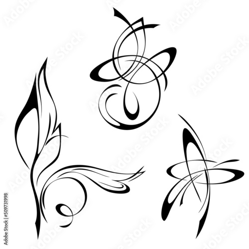 three separate decorative abstract elements in flowing lines. Set