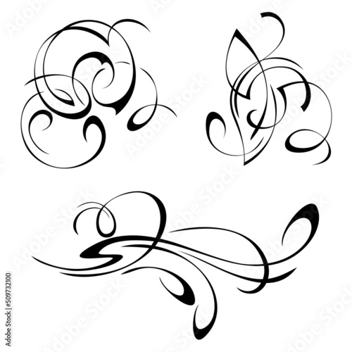 three separate decorative abstract elements in flowing lines. Set