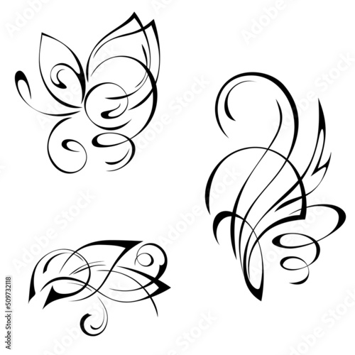 three separate decorative abstract elements in flowing lines. Set