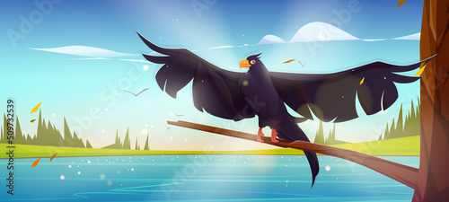 Black raven fly in summer forest on river shore. Vector cartoon illustration of landscape with water stream, green grass, bushes or trees and wild crow with spread wings