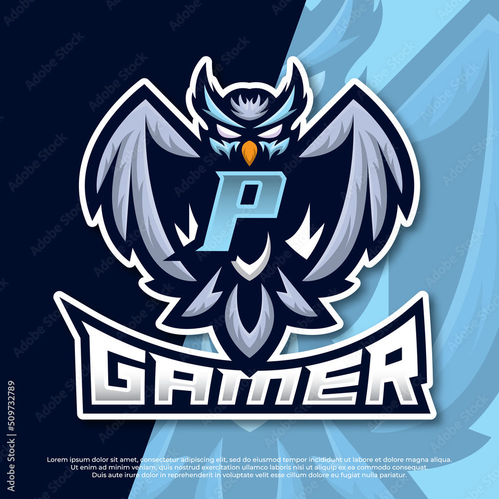 Letter P Owl Mascot esport gaming logo design, owl night bird illustration, bird gamer esport logo - obrazy, fototapety, plakaty 