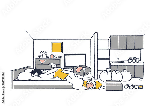 とても散らかっている部屋　怠惰な習慣の結果　温かみのある線画