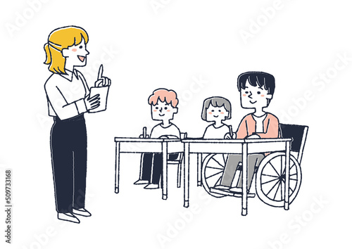 学校で授業を受ける車椅子の生徒　身体障害者も他の子供達共に同じクラスで学ぶ　コミカルな手書きの人物　