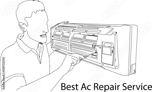 AC Repair Logo, Air conditioning service vector, Sketch drawing of service man doing repairing of Air Conditioner, Illustration silhouette of ac