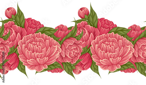 Vector seamless border with cartoon peony flowers with foliage isolated from background. Frame with floral composition. Botany frieze