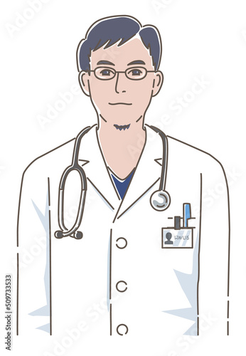肩に聴診器をかけ、白衣を着たメガネの男性医師のイラスト