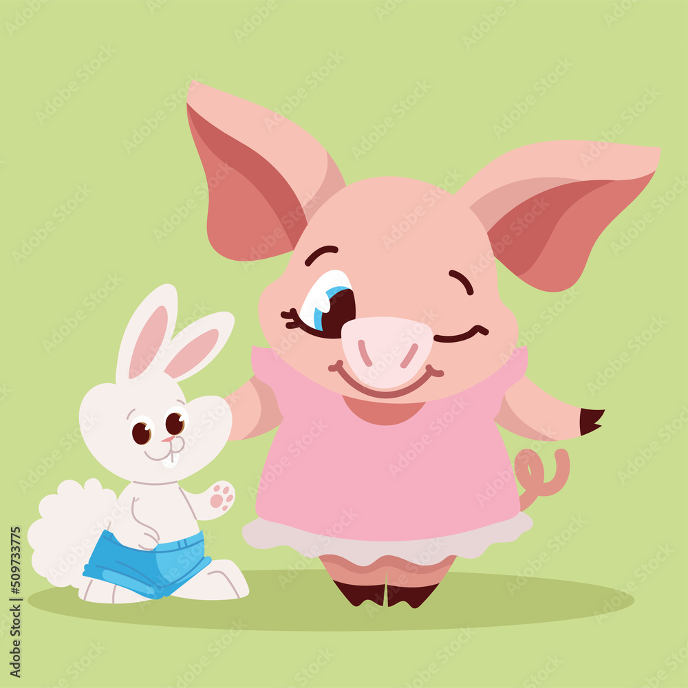 cute pig and rabbit