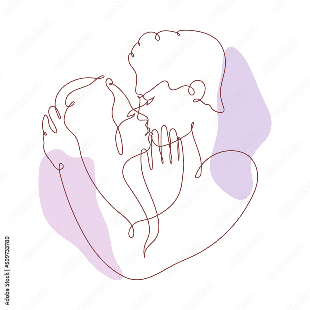 Lovers. Kissing couple. Vector illustration of a single continuous line in the style of minimalism. Love in one line. Lovers. Kissing couple. Vector illustration of a single continuous line in the style of minimalism. Love in one line.