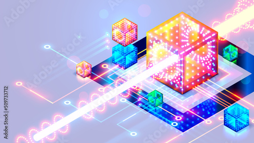 Abstraction concept of Quantum computer. The beam of digital signal passes through qubit in core optical CPU. tech background. Futuristic hardware technology of Quantum computing architecture.