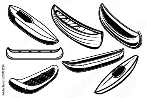 Set of illustration of kayak, canoe, boats. Design element for poster, card, banner, sign, logo. Vector illustration