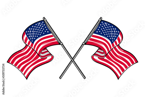 Illustration of crossed american flags. Design element for poster, card, banner, sign, logo. Vector illustration