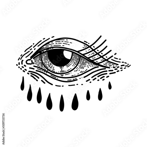 Illustration of human eye in engraving style. Design element for poster, card, banner, emblem, sign. Vector illustration