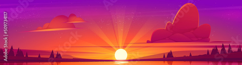 Lake, clouds on red sky, trees silhouettes on coast and sun on horizon. Vector cartoon illustration of nature panorama, landscape with coniferous forest on river shore in evening