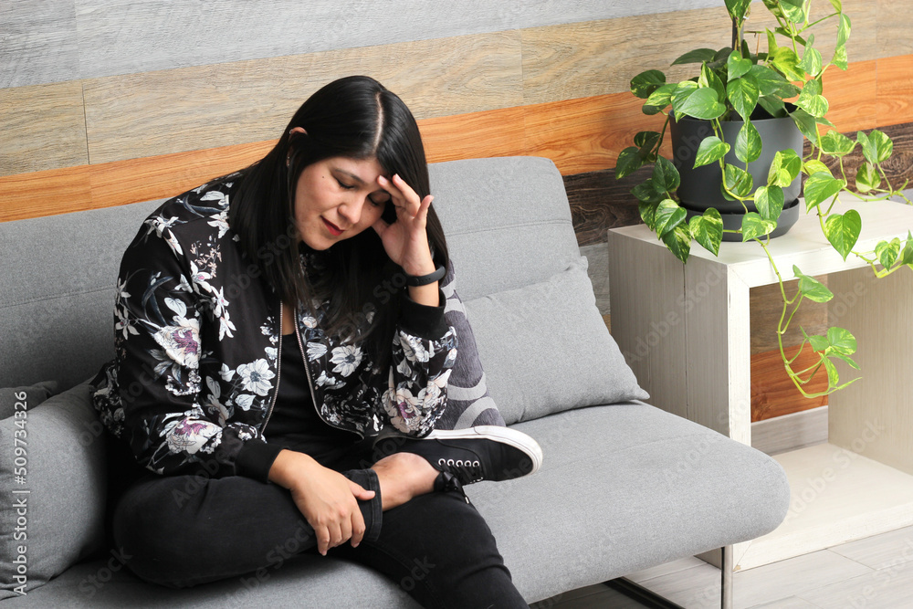 Latin adult woman suffers from a mental disorder of depression and anxiety with headache and belly pain, tiredness, trouble sleeping, sadness, bipolarity, fear
Latin adult woman suffers from a mental disorder of depression and anxiety with headache and belly pain, tiredness, trouble sleeping, sadness, bipolarity, fear