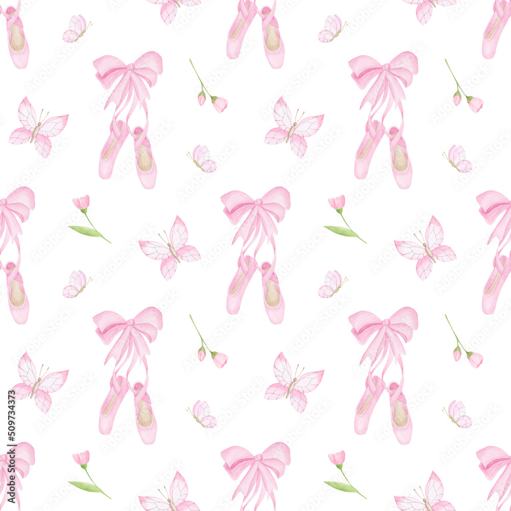 Pink dance pointes background. Ballet shoes seamless pattern. Girl