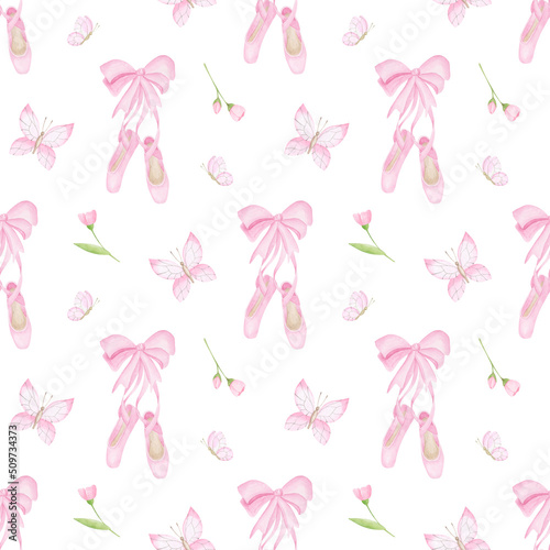 Pink dance pointes background. Ballet shoes seamless pattern. Girl pastel wallpaper.