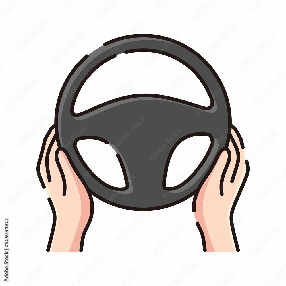 Steering wheel icon. Hands on steering wheel. Driver. Driving car. Test drive. Vector icon isolated on white Steering wheel icon. Hands on steering wheel. Driver. Driving car. Test drive. Vector icon isolated on white