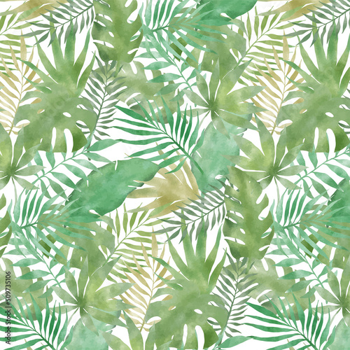 水彩風　南国の葉っぱのシームレスパターン