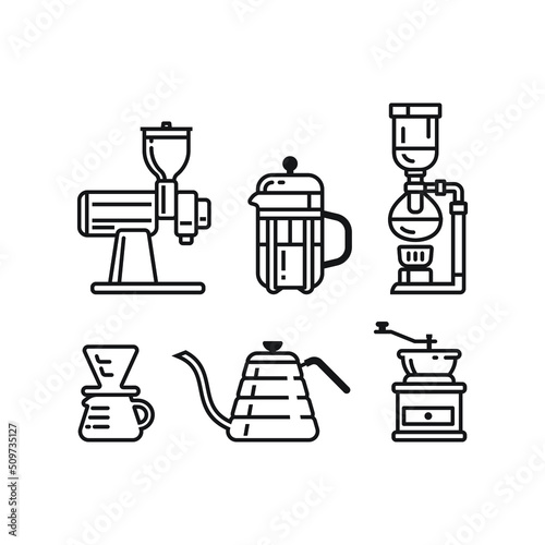 Coffee brewing appliances from coffee grinders, kettle, plunger or French press, syphon and v60 drip.   photo