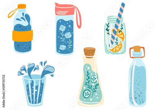 Water Bottles set. Concept detox drink, drinking water in a thermos, glass bottle. Ice water. Refreshing summer drink. Healthy lifestyle daily habits, wellness, morning rituals. Vector illustration