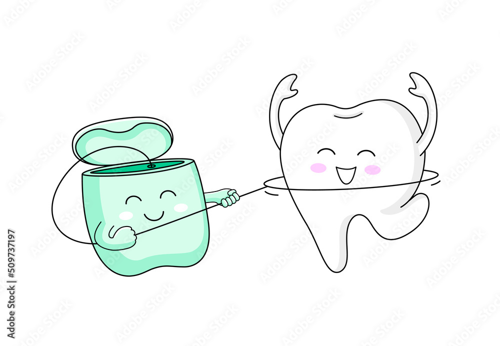 Cute cartoon tooth character using dental floss. I love floss, dental