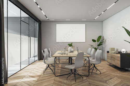 Fototapeta Naklejka Na Ścianę i Meble -  Modern meeting room interior with empty white mock up banner, window and city view, furniture. 3D Rendering.