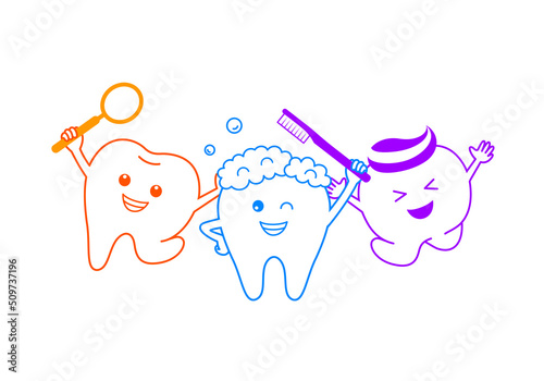 Cute cartoon tooth character with dental care equipment. Care  for your teeth concept. Vector illustration.