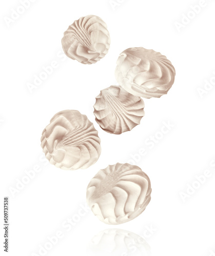 Delicious vanilla zephyr in the air isolated on a white background