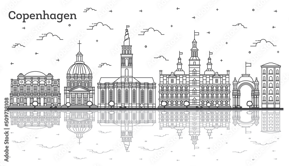 Outline Copenhagen Denmark City Skyline with Historic Buildings and Reflections Isolated on White.