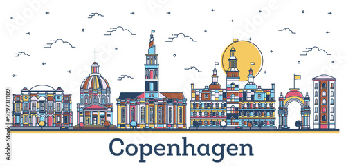 Outline Copenhagen Denmark City Skyline with Colored Historic Buildings Isolated on White.
