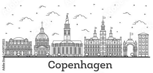 Outline Copenhagen Denmark City Skyline with Historic Buildings Isolated on White.