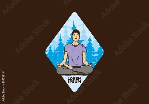 illustration of a someone doing yoga and meditating outdoors in a forest in nature among pine trees